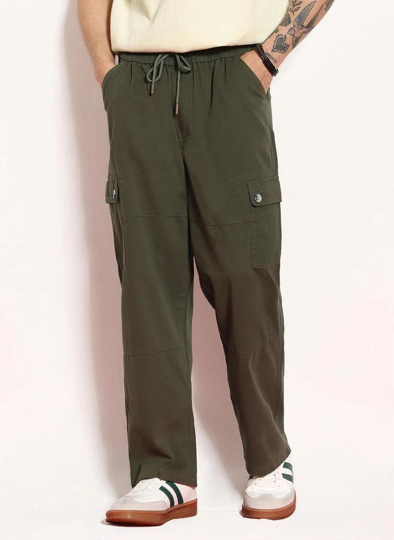 أوربانو فاشن Urbano Fashion Men's Medium Olive Loose Baggy Fit Cargo Jogger Chino Pant with 6 Pockets Stretchable